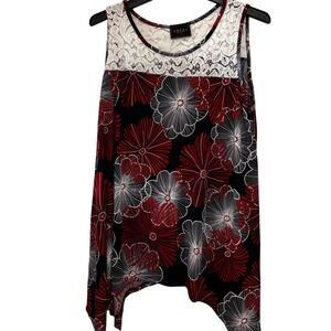 Amana Women's Sleeveless Top 1X Red Black White Floral‎ White Lace Yoke Plus